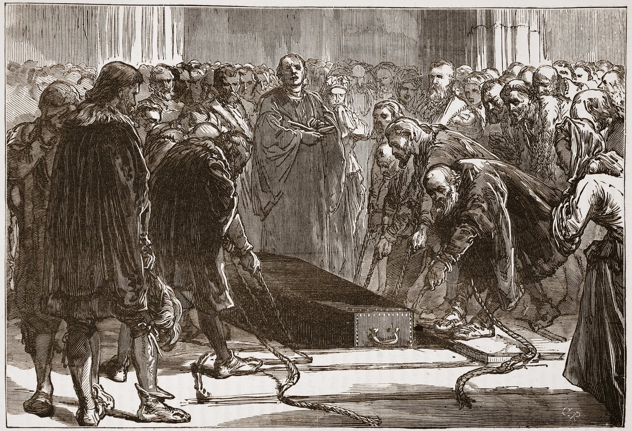 Begravelse av Luther i Schloss-Kirk, Wittemberg, illustrasjon fra The History of Protestantism av James Aitken Wylie (1808-1890), pub. 1878 av English School