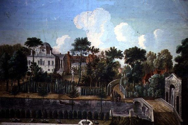 Burlington House, Chiswick, designet av William Kent (1685-1748) 1725-36 (fargegravering) av English School