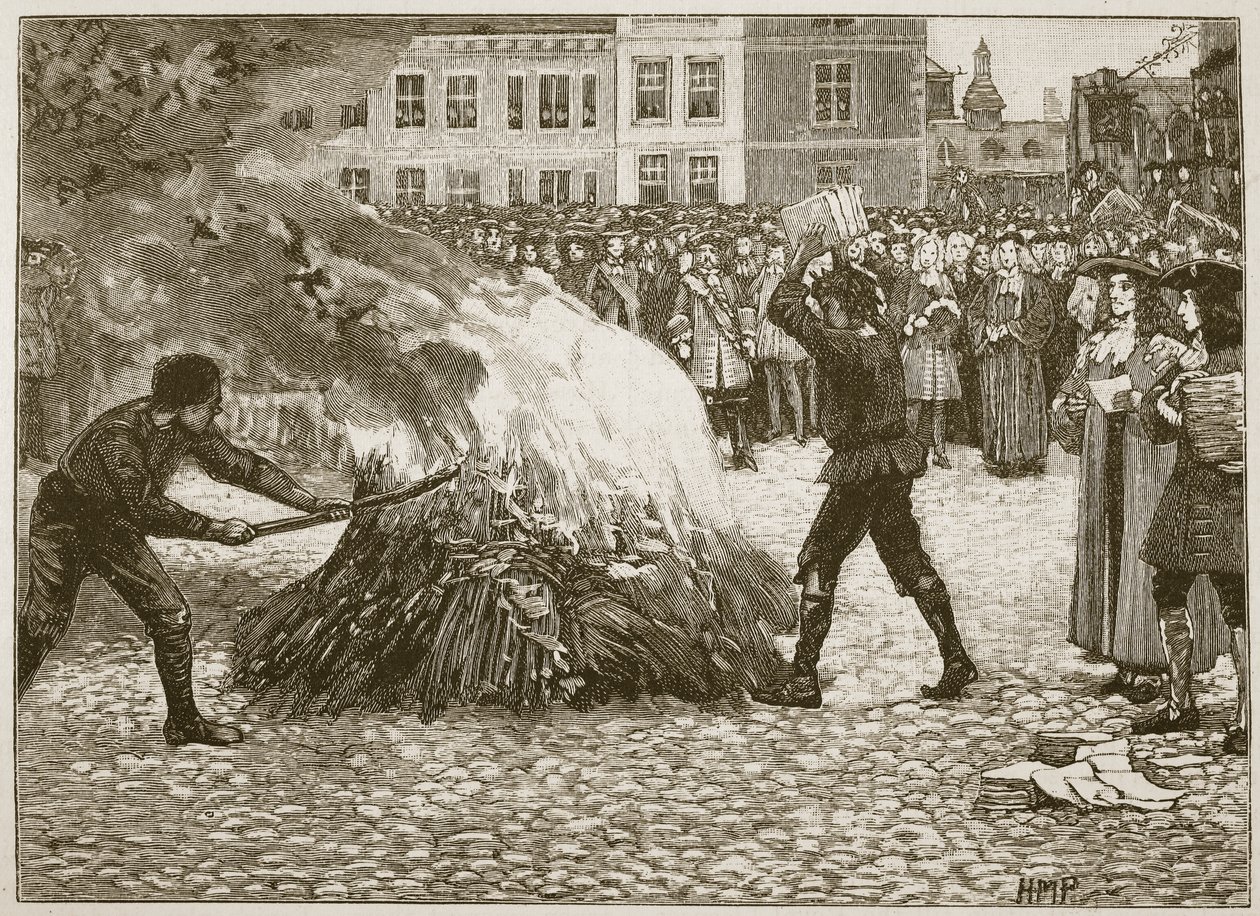 Burning of Blounts-hefte av Common Hangman, illustrasjon fra Cassells Illustrated History of England (sepia-bilde) av English School
