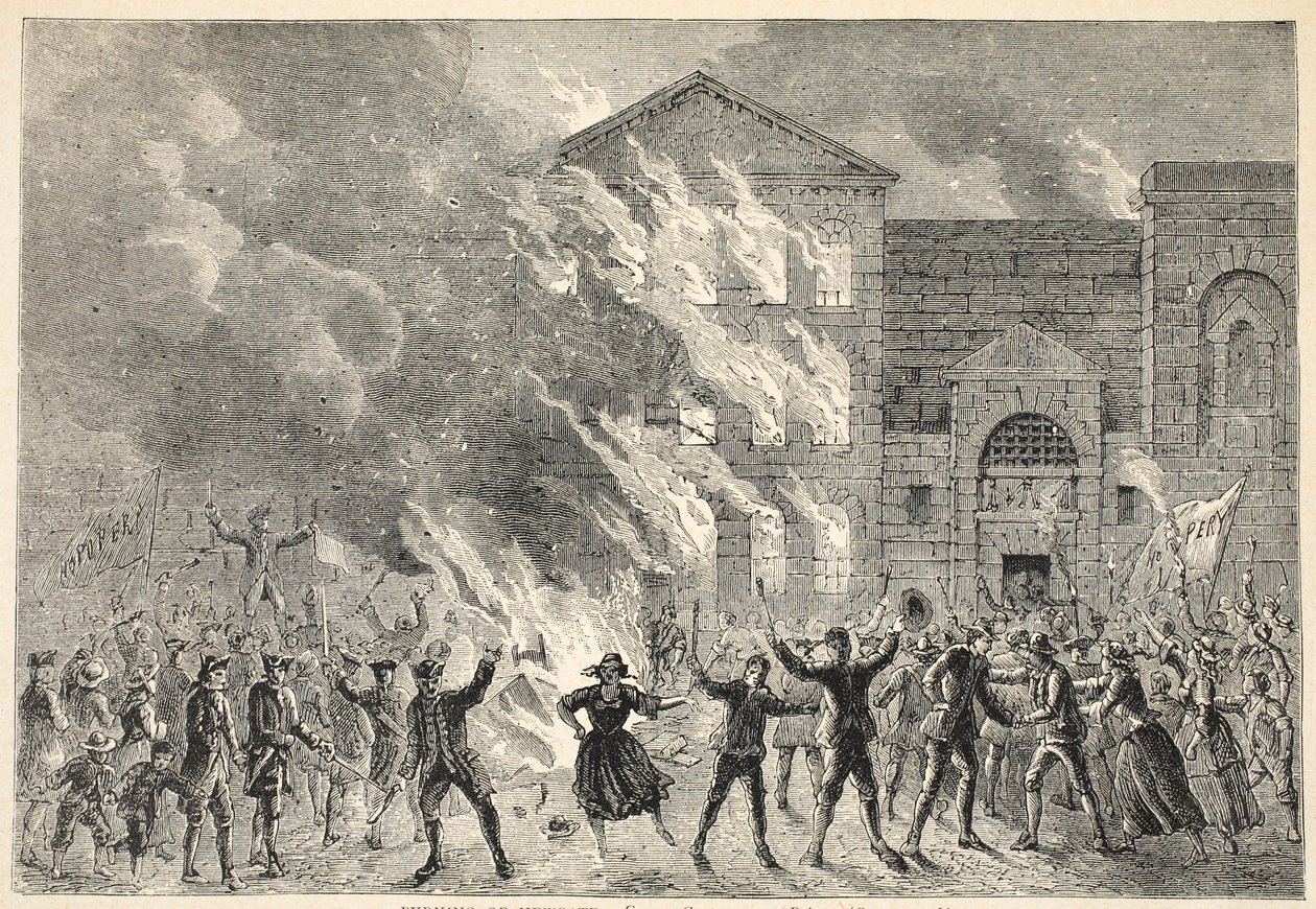 Burning of Newgate, fra et moderne trykk av English School