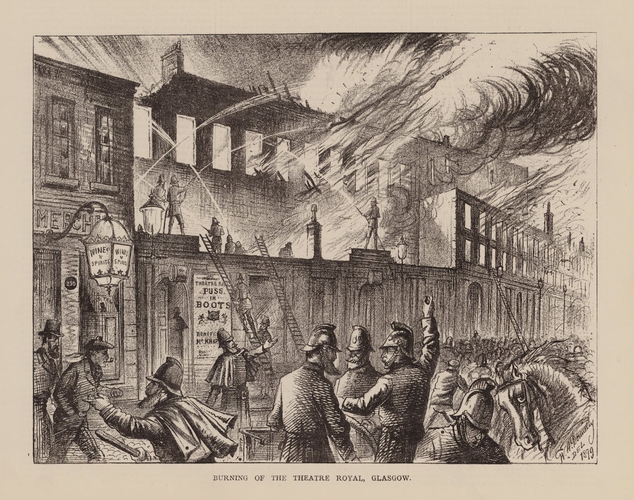 Brenningen av Theatre Royal, Glasgow (gravering) av English School