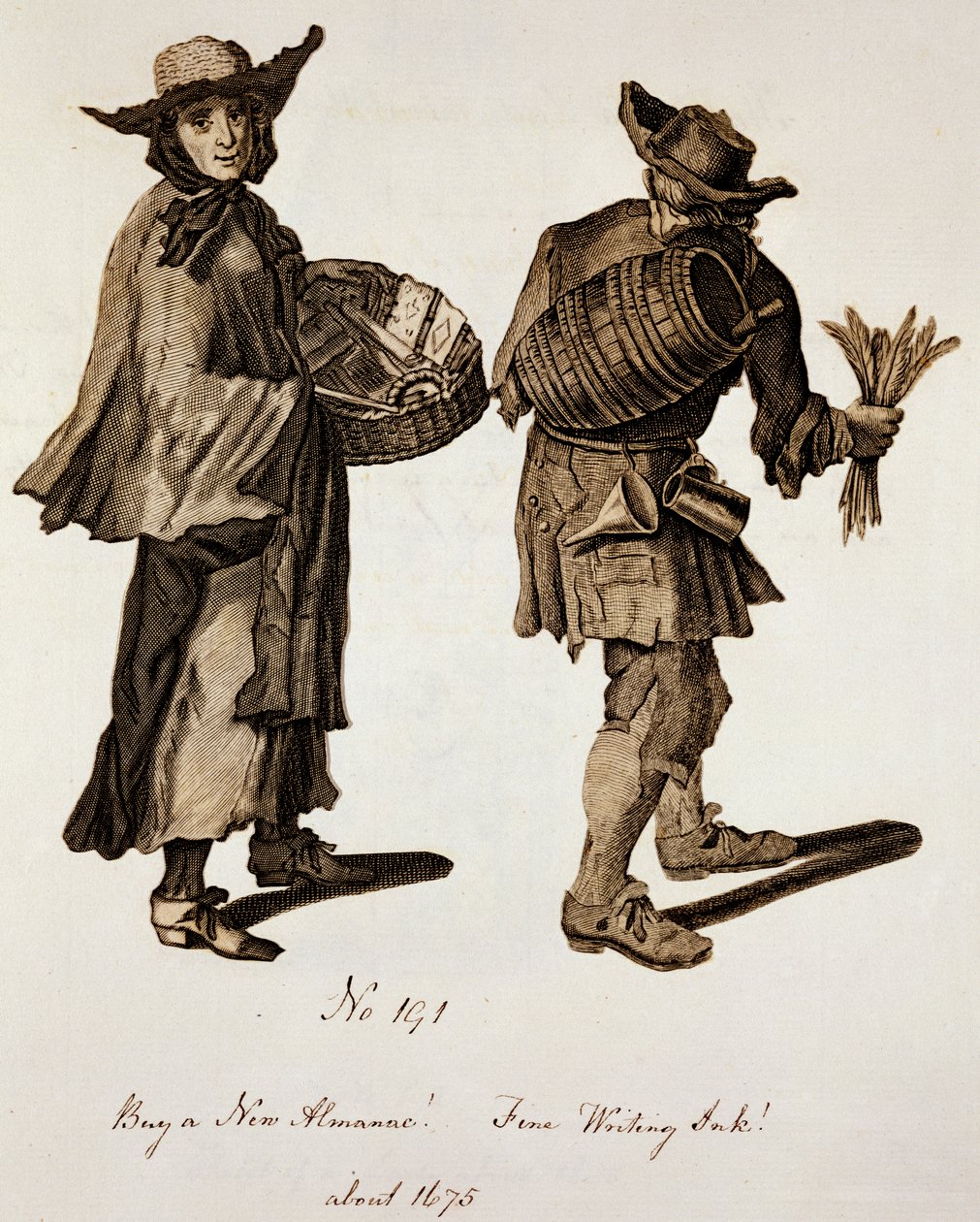 Kjøp en ny almanakk! Fint skriveblekk!, illustrasjon av gateselgere rundt 1675 av English School