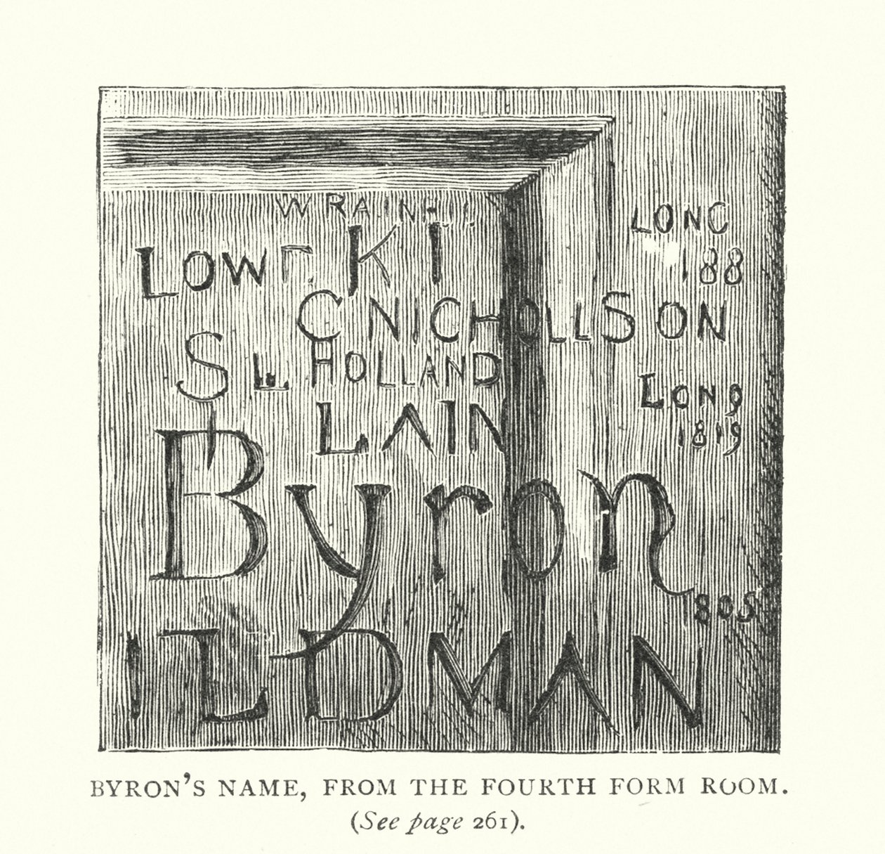 Byrons navn, fra fjerde klasserom (gravering) av English School