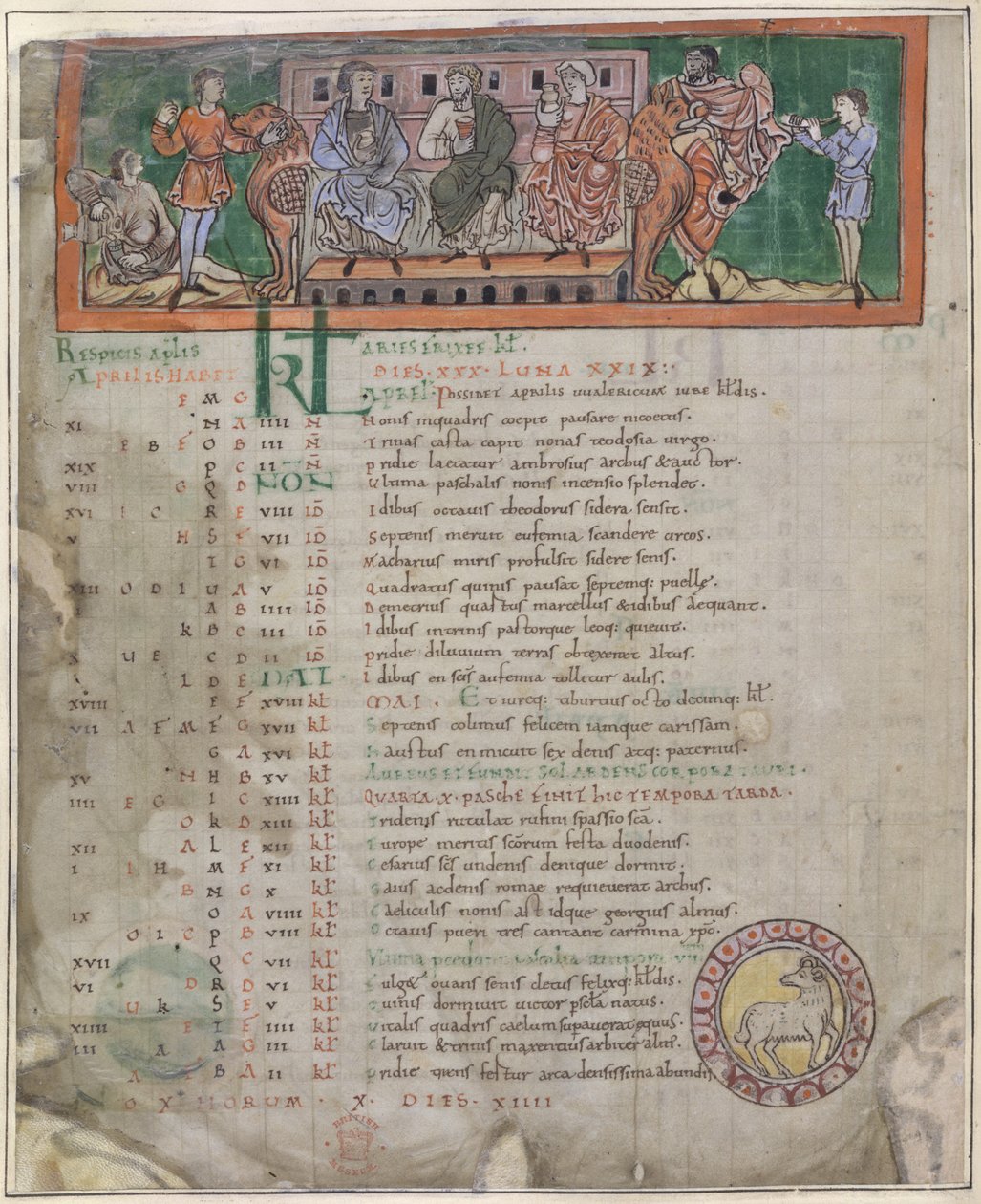 Kalenderside for april: Fest, illustrasjon fra en 