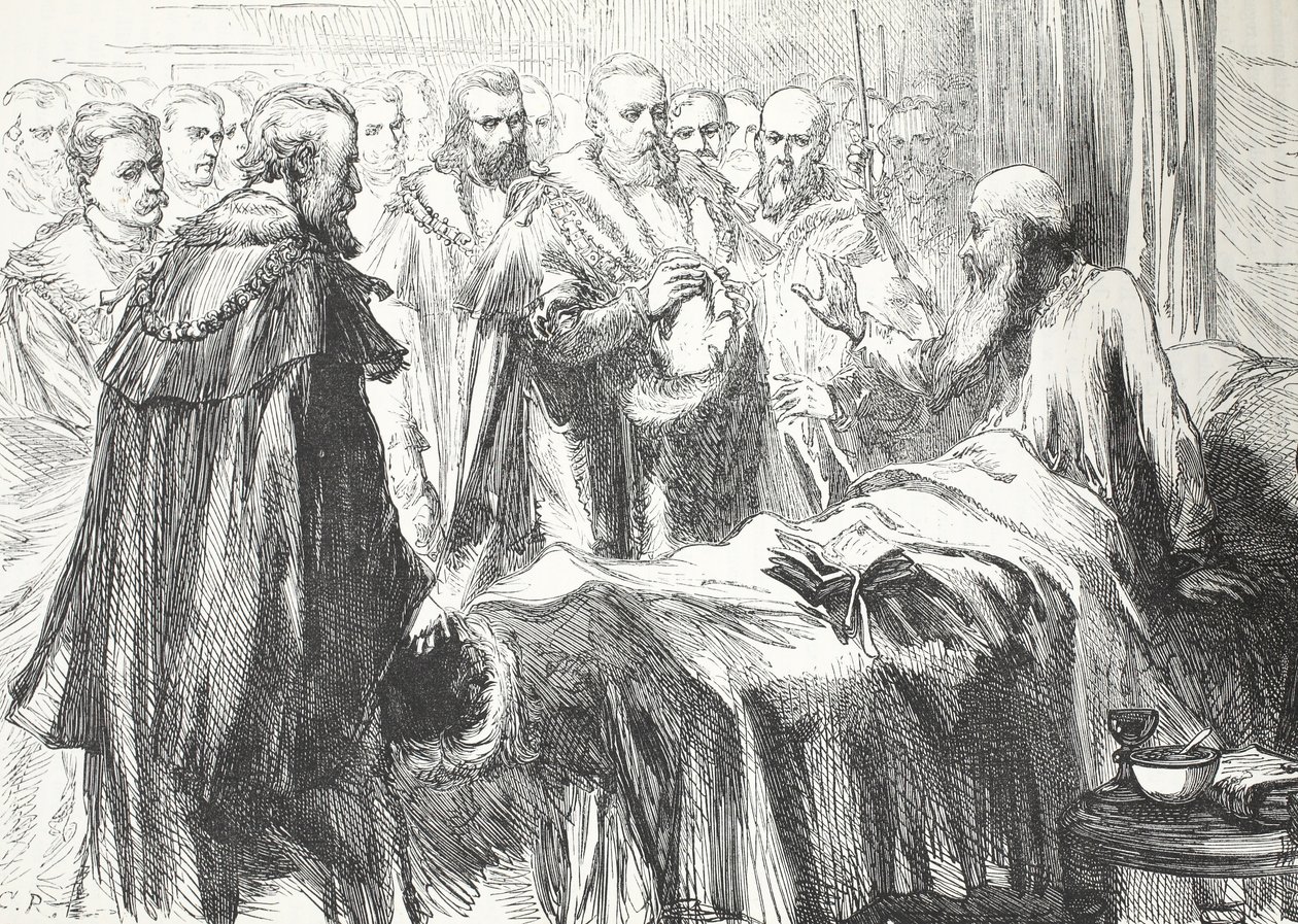 Calvin talte til rådet for siste gang, illustrasjon fra The History of Protestantism av James Aitken Wylie (1808-1890), pub. 1878 av English School
