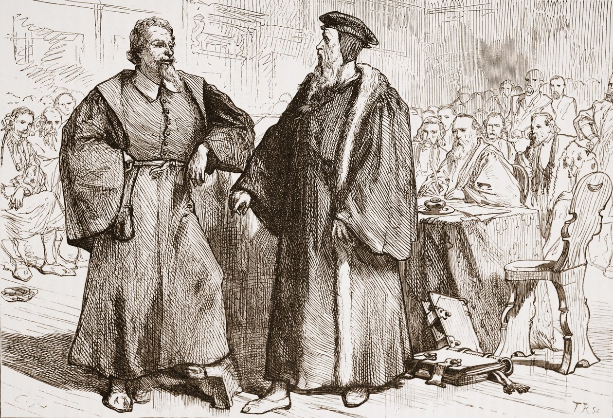 Calvin og Servetus før rådet i Genève, illustrasjon fra The History of Protestantism av James Aitken Wylie (1808-1890), pub. 1878 av English School