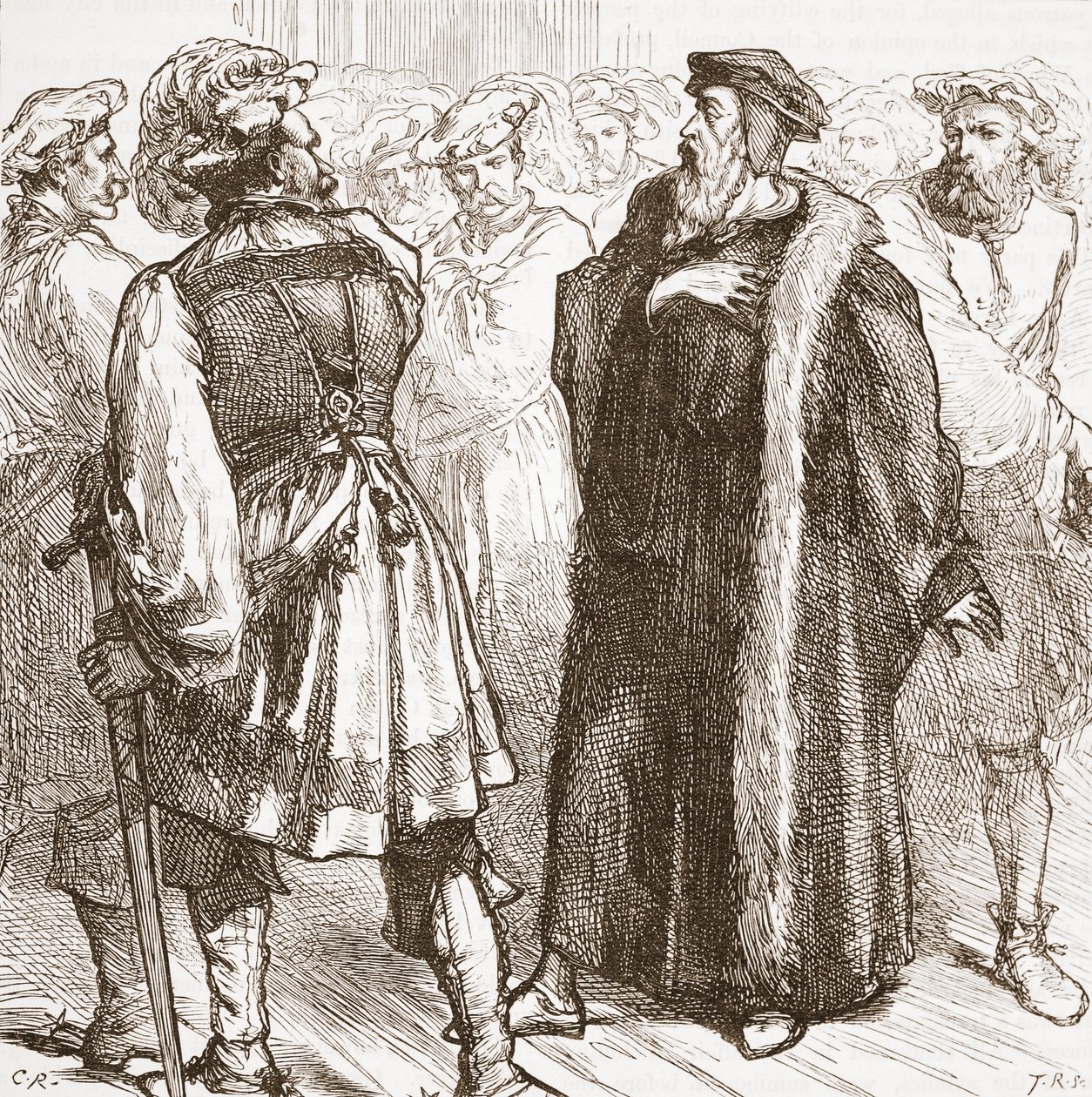 Calvin før fiendene hans i rådet, illustrasjon fra The History of Protestantism av James Aitken Wylie (1808-1890), pub. 1878 av English School