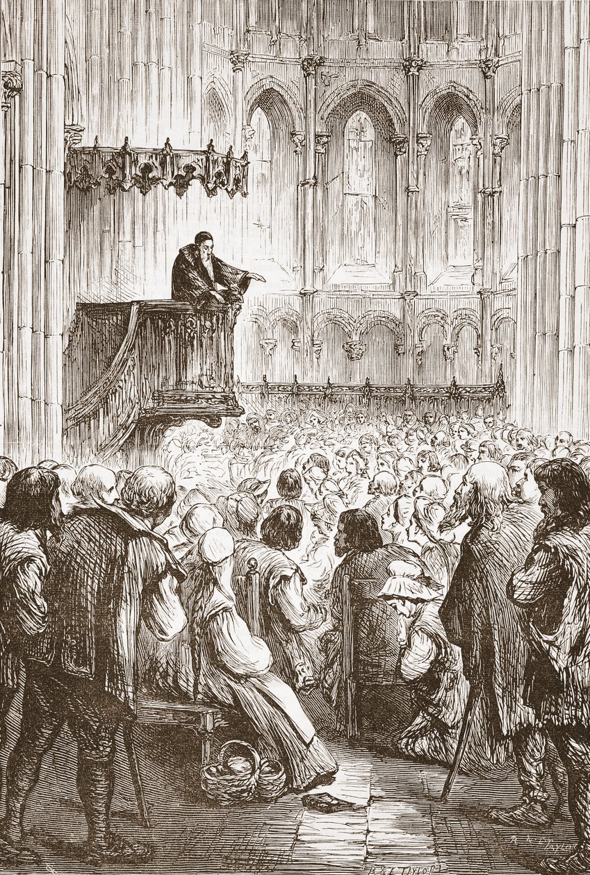 Calvin forkynner sin avskjedspreken i forventning om forvisning, illustrasjon fra The History of Protestantism av James Aitken Wylie (1808-1890), pub. 1878 av English School