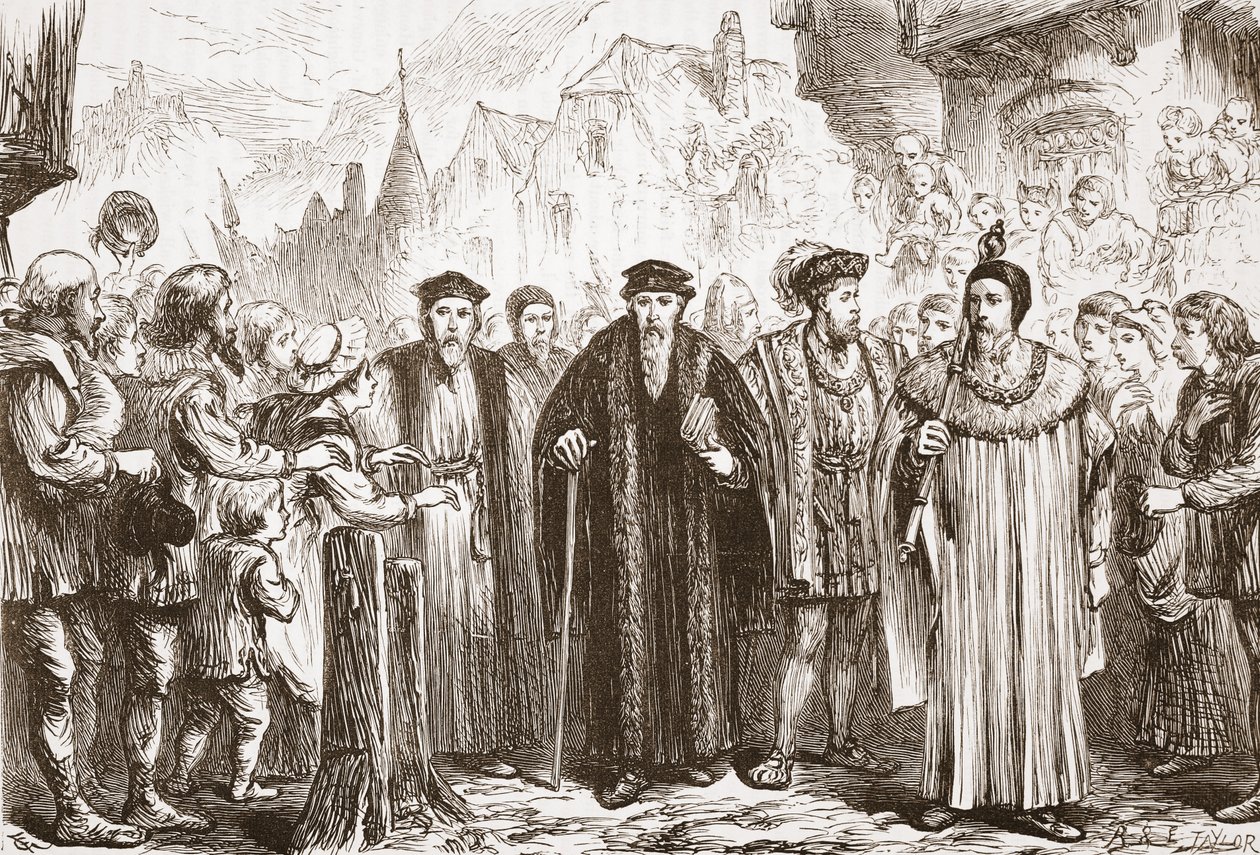 Calvin går inn i Genève igjen, illustrasjon fra The History of Protestantism av James Aitken Wylie (1808-1890), pub. 1878 av English School