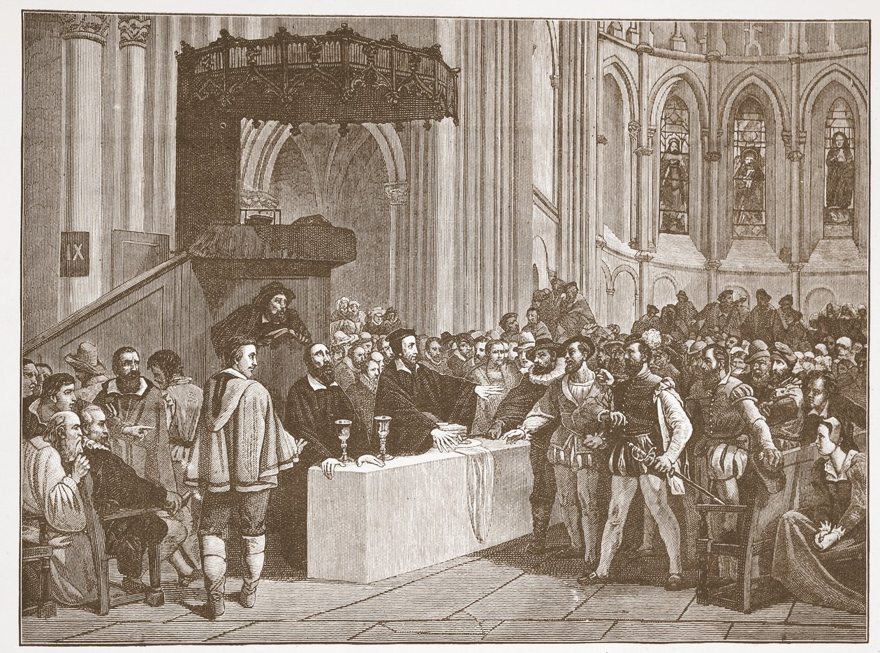 Calvin nekter Herrens Nattverd til Libertines, i St. Peters Cathedral, Genève, illustrasjon fra The History of Protestantism av James Aitken Wylie (1808-1890), pub. 1878 av English School