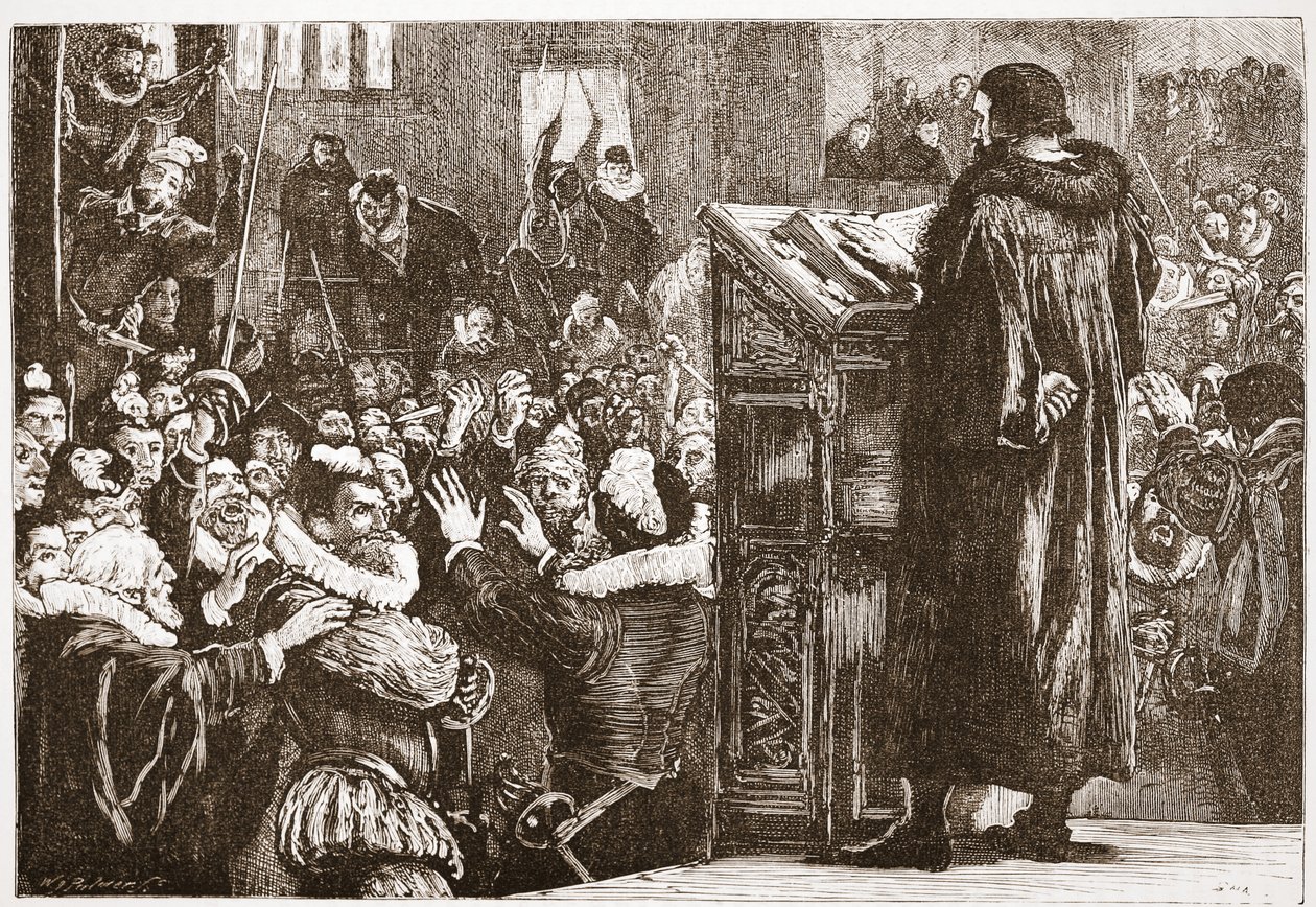 Calvin truet i kirken Rive, illustrasjon fra The History of Protestantism av James Aitken Wylie (1808-1890), pub. 1878 av English School