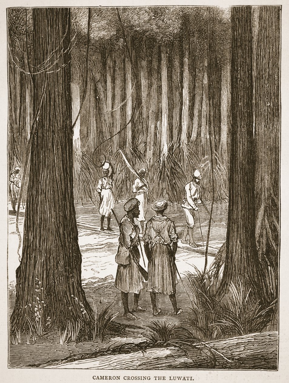 Cameron krysser Luwati, illustrasjon fra The Pictorial Edition of the Life and Discoveries of David Livingstone av J. Ewing Richie, pub. av A. Fullarton & Co., 1876 av English School
