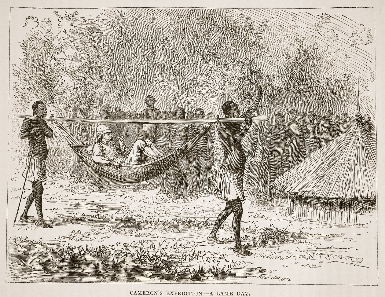 Camerons ekspedisjon – en halt dag, illustrasjon fra The Pictorial Edition of the Life and Discoveries of David Livingstone av J. Ewing Richie, pub. av A. Fullarton & Co., 1876 av English School