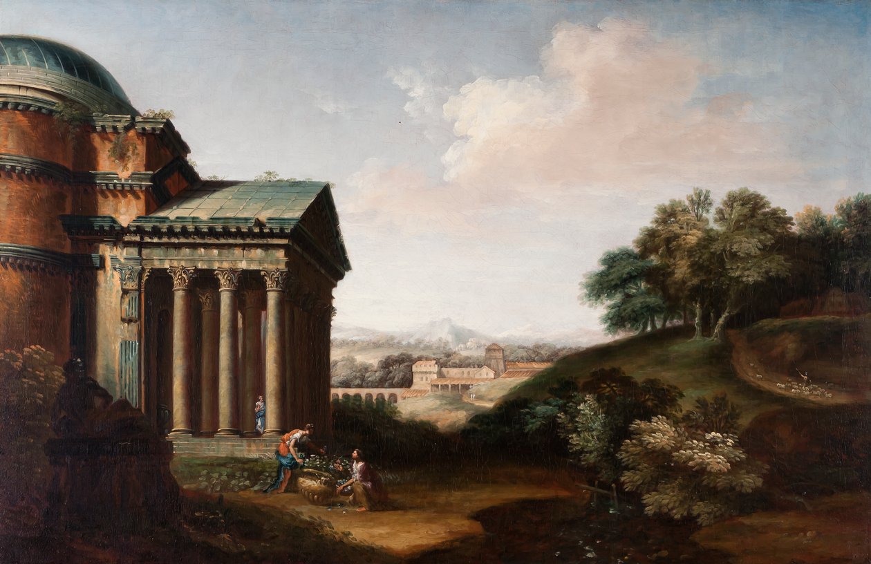 Capriccio-utsikt over Pantheon, figurer og en akvedukt, ca. 1760 av English School