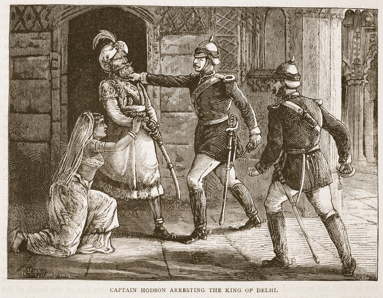 Kaptein Hodson arresterer kongen av Delhi, illustrasjon fra Cassells Illustrated History of England av English School