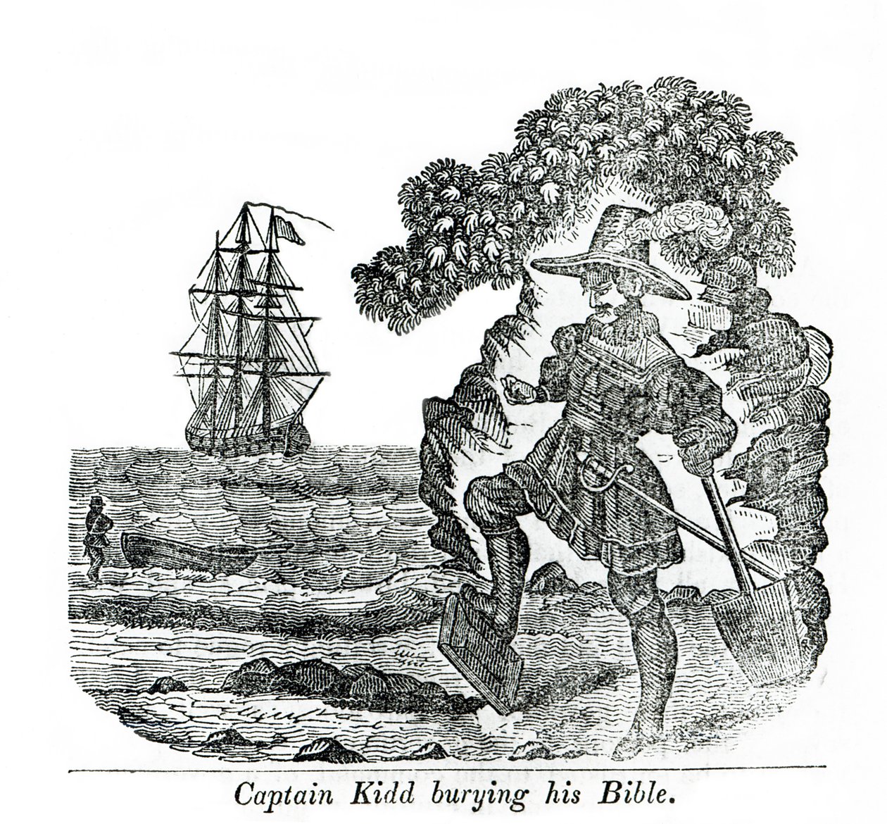 Captain Kidd Burying His Bible, illustrasjon fra "Pirates own Book" av Charles Elms av English School