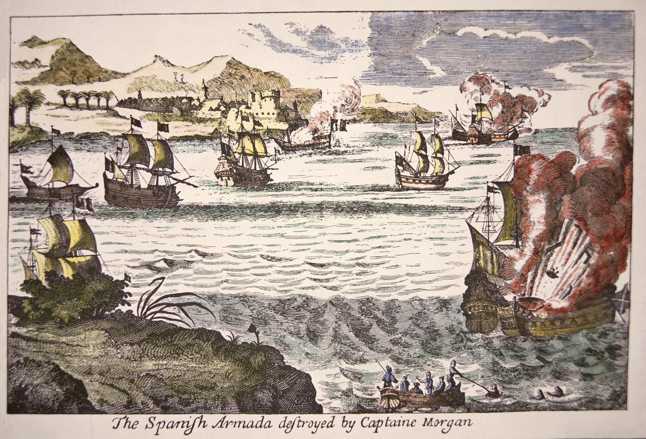 Kaptein Morgan beseirer spanske krigsskip som blokkerer munningen av Maracaibo-sjøen i 1669 (farget gravering) av English School