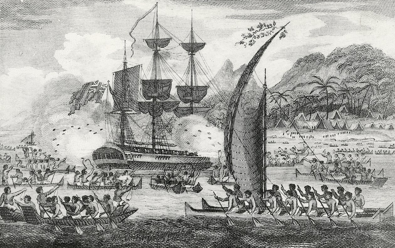 Captain Wallis attacked by the Indians av English School