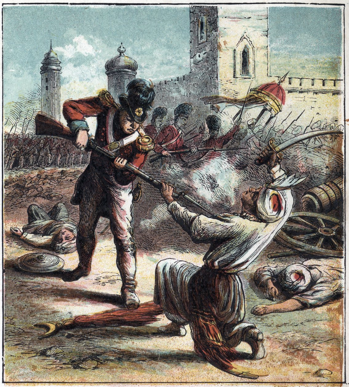 Erobringen av byen Seringapatam (eller Srirangapatna), hovedstaden i Mysore (Maissour) i India av den britiske hæren kommandert av hertugen Arthur Wellesley av Wellington (1769-1852) i 1799. Denne hendelsen markerte slutten på Anglo-Mysore-krigen og herred av English School