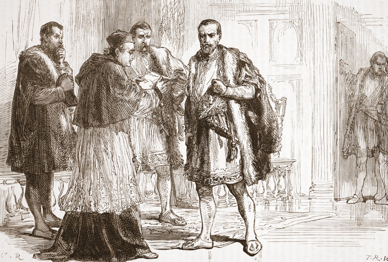 Kardinal de Tournon leser det protestantiske plakatet til Francis I, illustrasjon fra The History of Protestantism av James Aitken Wylie (1808-1890), pub. 1878 av English School
