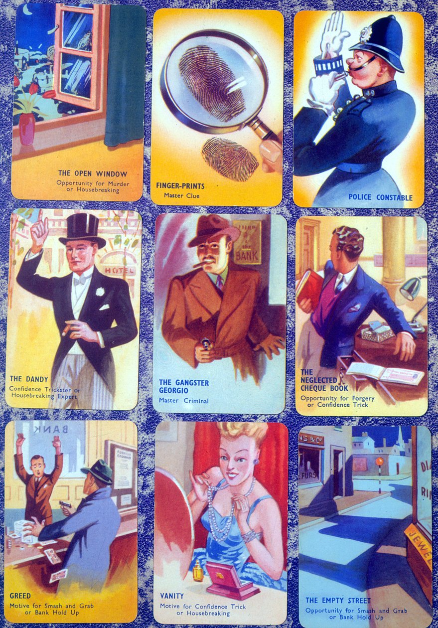 Kort for en engelsk familie MurderMystery-kortspill I Commit, ca. 1930 av English School