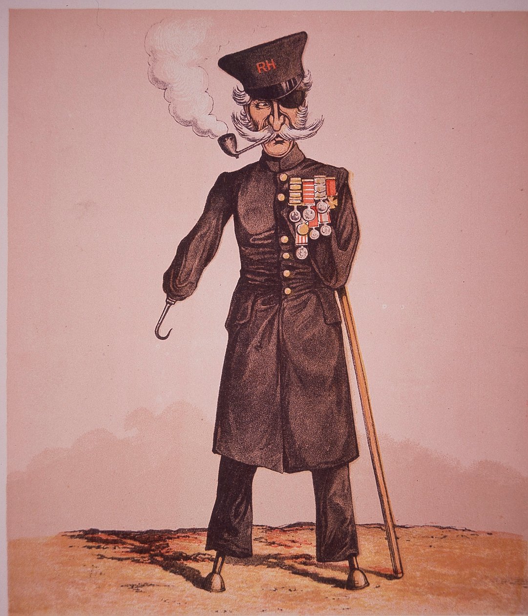 Karikatur av Chelsea Pensjonist ved Royal Hospital, fra 'Army and Navy Drolleries' av major Seccombe (farget gravering) av English School