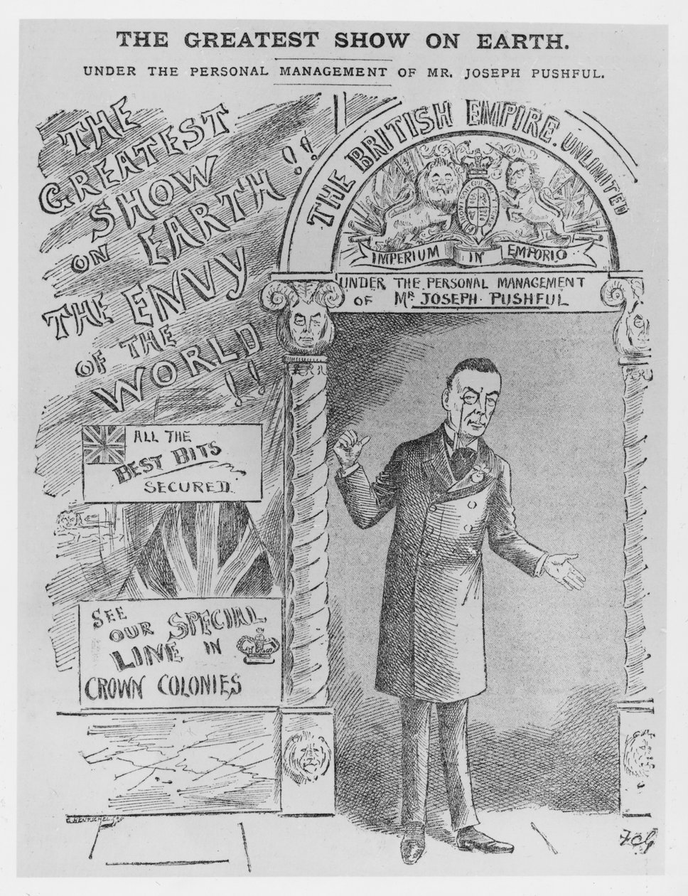 Karikatur av Joseph Chamberlain som kolonialsekretær, ca. 1900 av English School