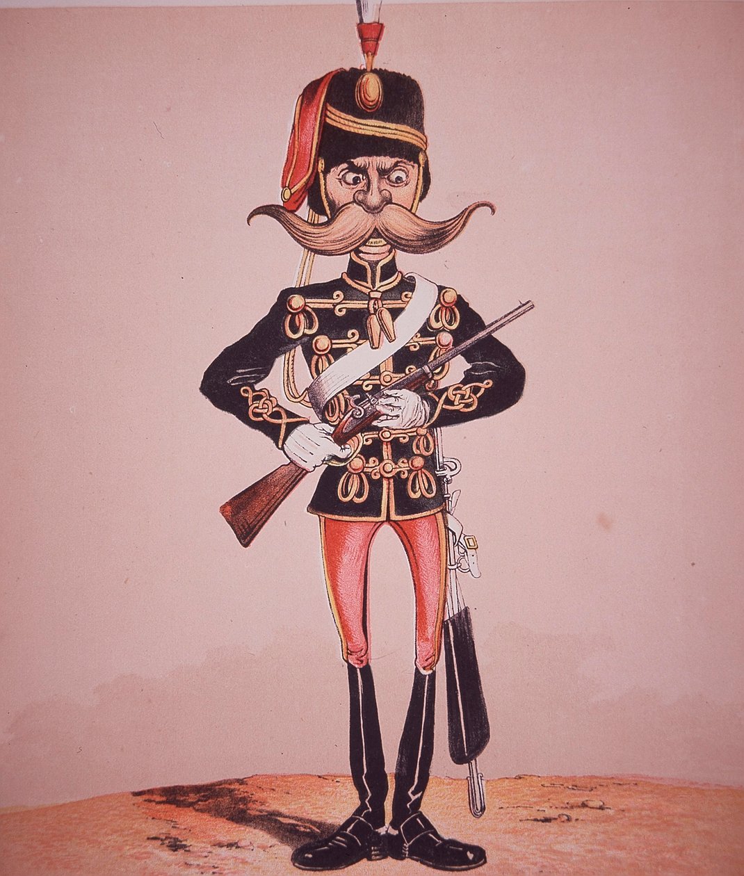 Karikatur av vaktposten til 11. husarer, fra 'Army and Navy Drolleries' av major Seccombe (farget gravering) av English School