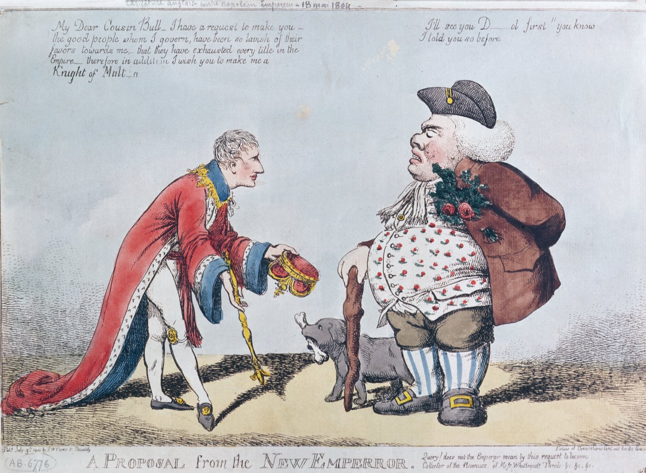 Karikatur som latterliggjør Napoleon på tidspunktet for proklamasjonen av Napoleon som keiser 18. mai 1804, 9. juli 1804 av English School