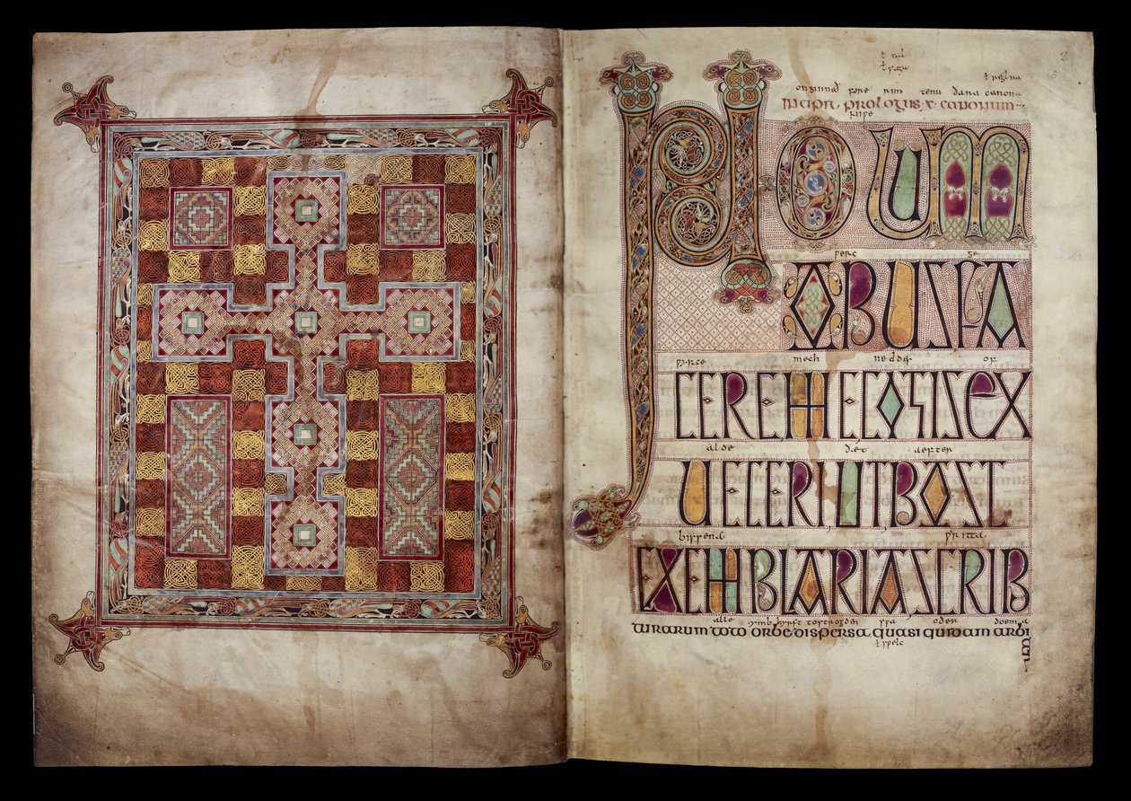 Teppeside og Incipit-side som introduserer St. Hieronymus#39; brev til pave Damasus, Cotton Nero D. IV, f.2v og f.3r fra Lindisfarne-evangeliene, 710–721 (vellum) av English School