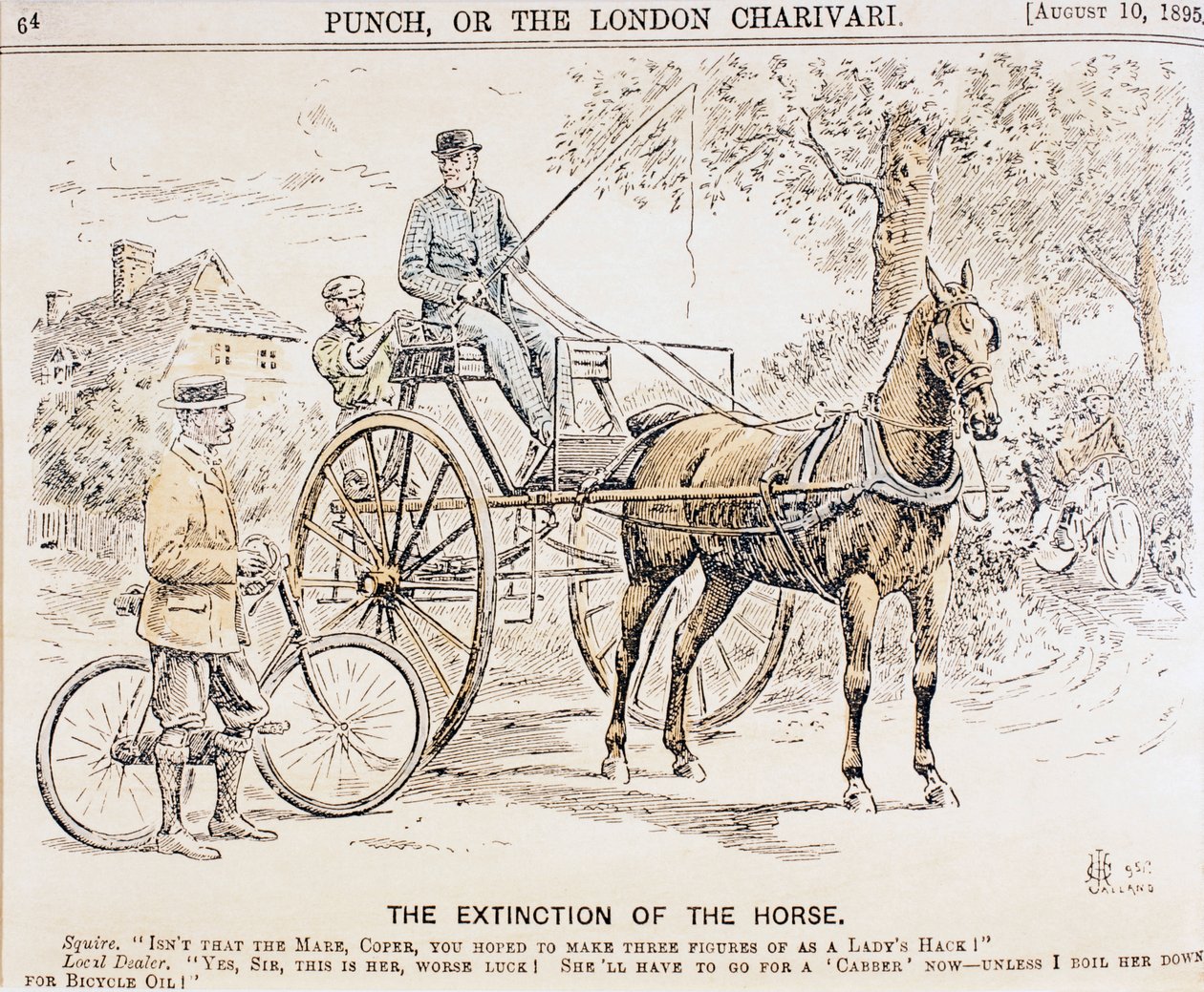 Tegneserie om fremkomsten av sykler og motorisert transport og den påfølgende slutten på hestetrukne trafikk, fra magasinet Punch, 10. august, 1895 av English School