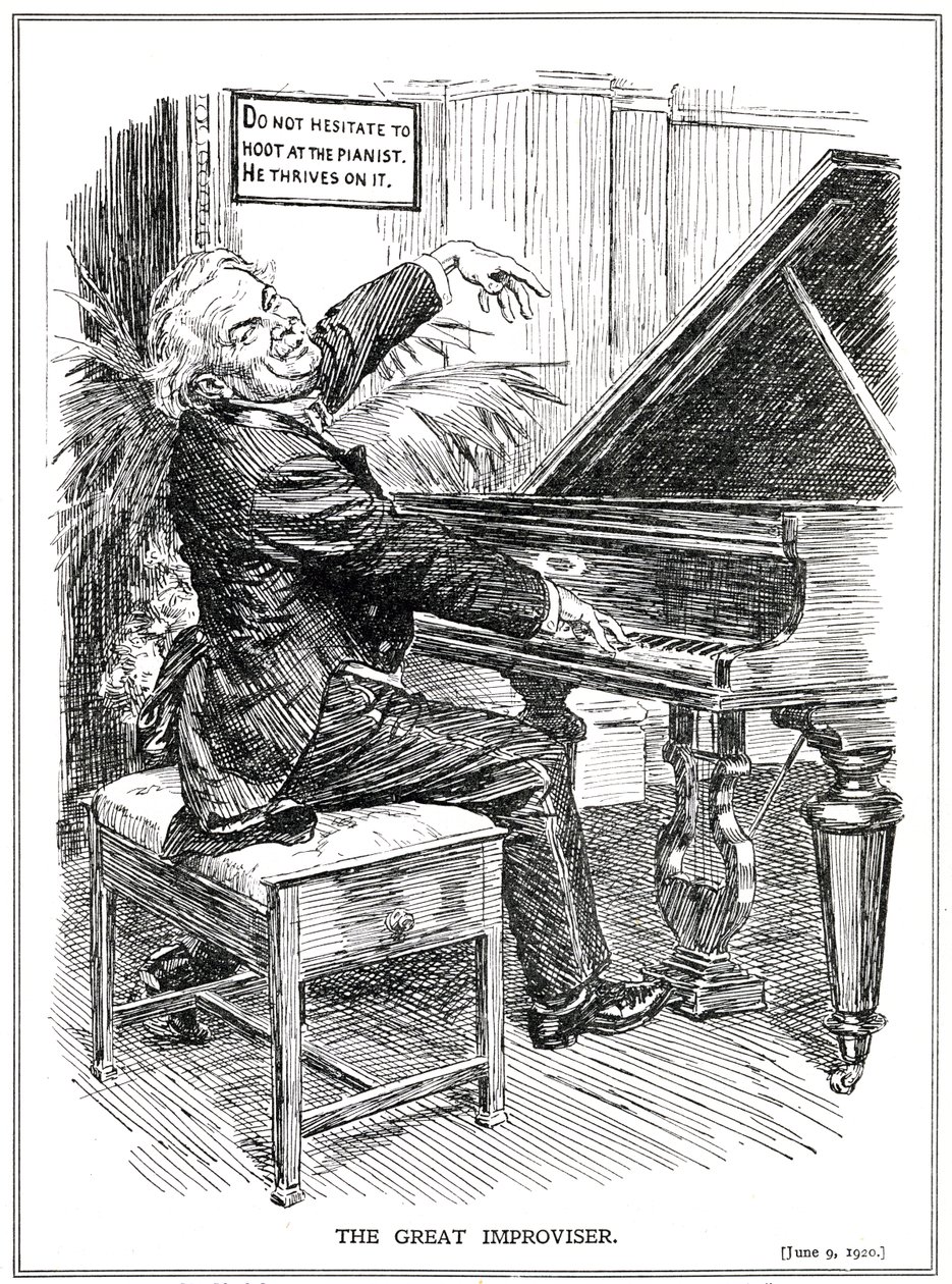 Tegneserie som viser LLoyd George som den store improvisatoren eller lederen av Improvisa-Tories, juni 1920 av English School