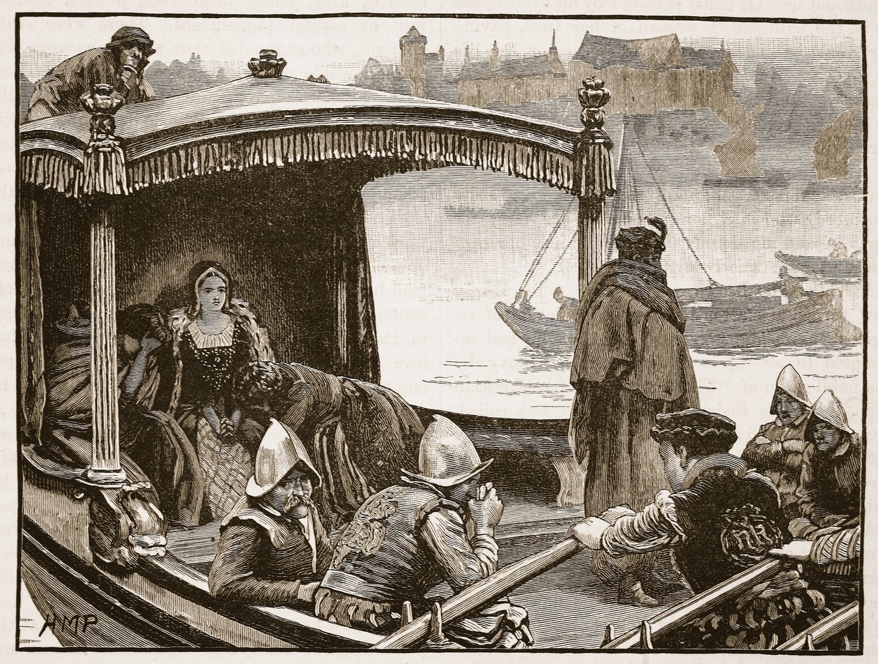 Catherine Howard blir formidlet til tårnet, illustrasjon fra Cassells Illustrated History of England (sepiafoto) av English School
