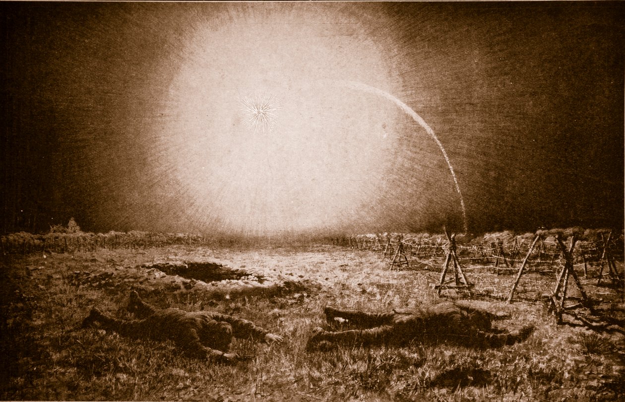 Fanget i gjenskinnet fra et tysk lysproduserende prosjektil: En britisk patrulje i fare mellom skyttergravene, 1914-19 av English School