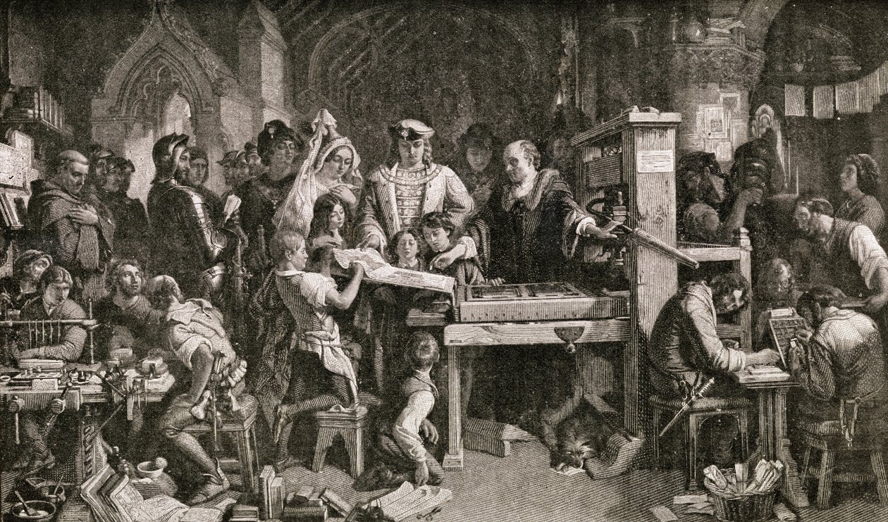 Caxton (ca. 1422-91) viser eksemplarer av hans trykk til kong Edward IV ved Almonry i Westminster, 1858 av English School
