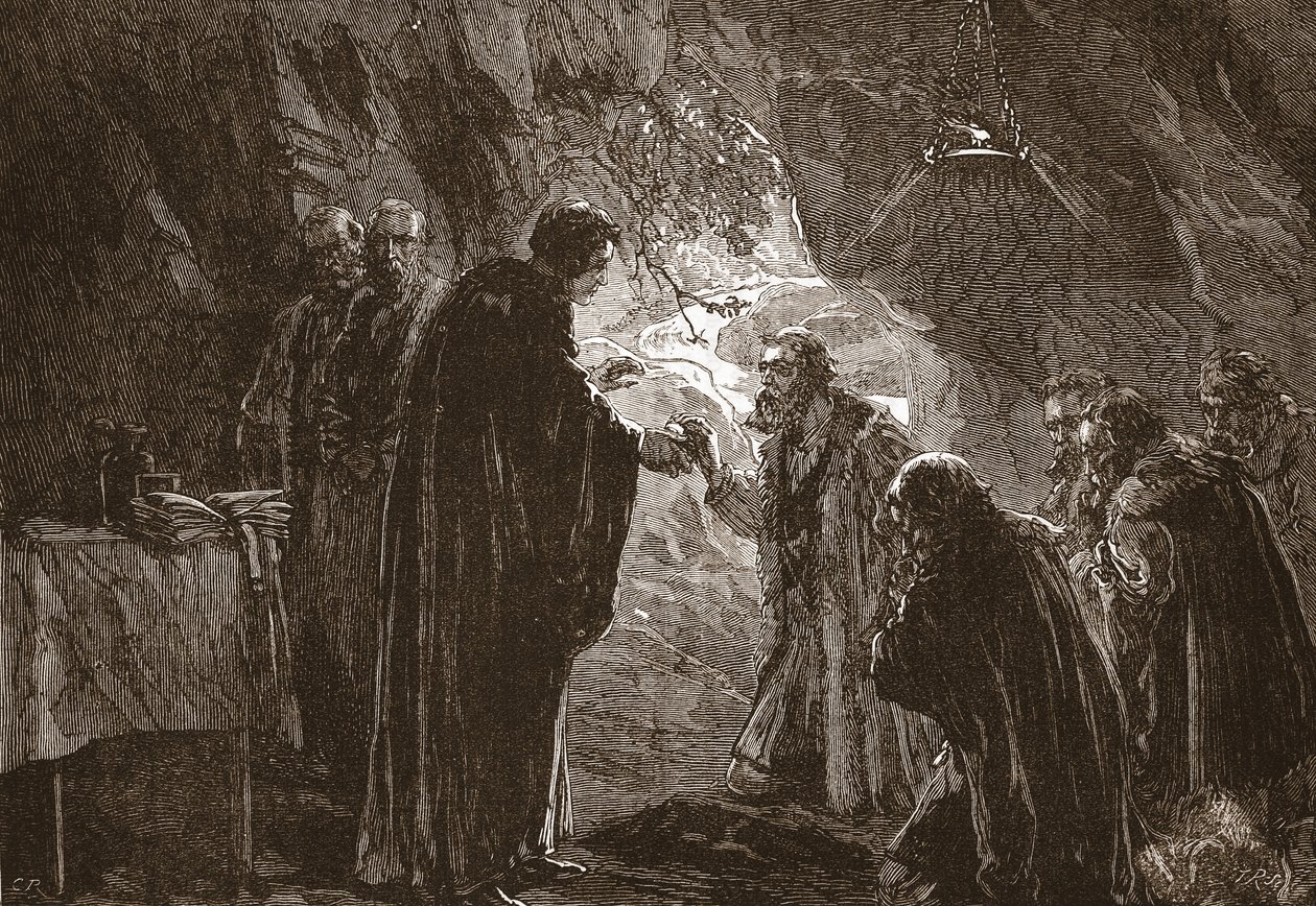 Celebration of the Lords Supper av Calvin og hans andre protestanter i grotten ved Poictiers, illustrasjon fra The History of Protestantism av James Aitken Wylie (1808-1890), pub. 1878 av English School