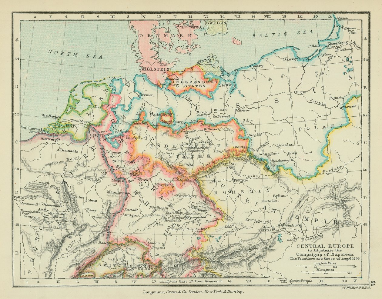 Sentral-Europa for å illustrere Napoleons felttog (fargelitografi) av English School