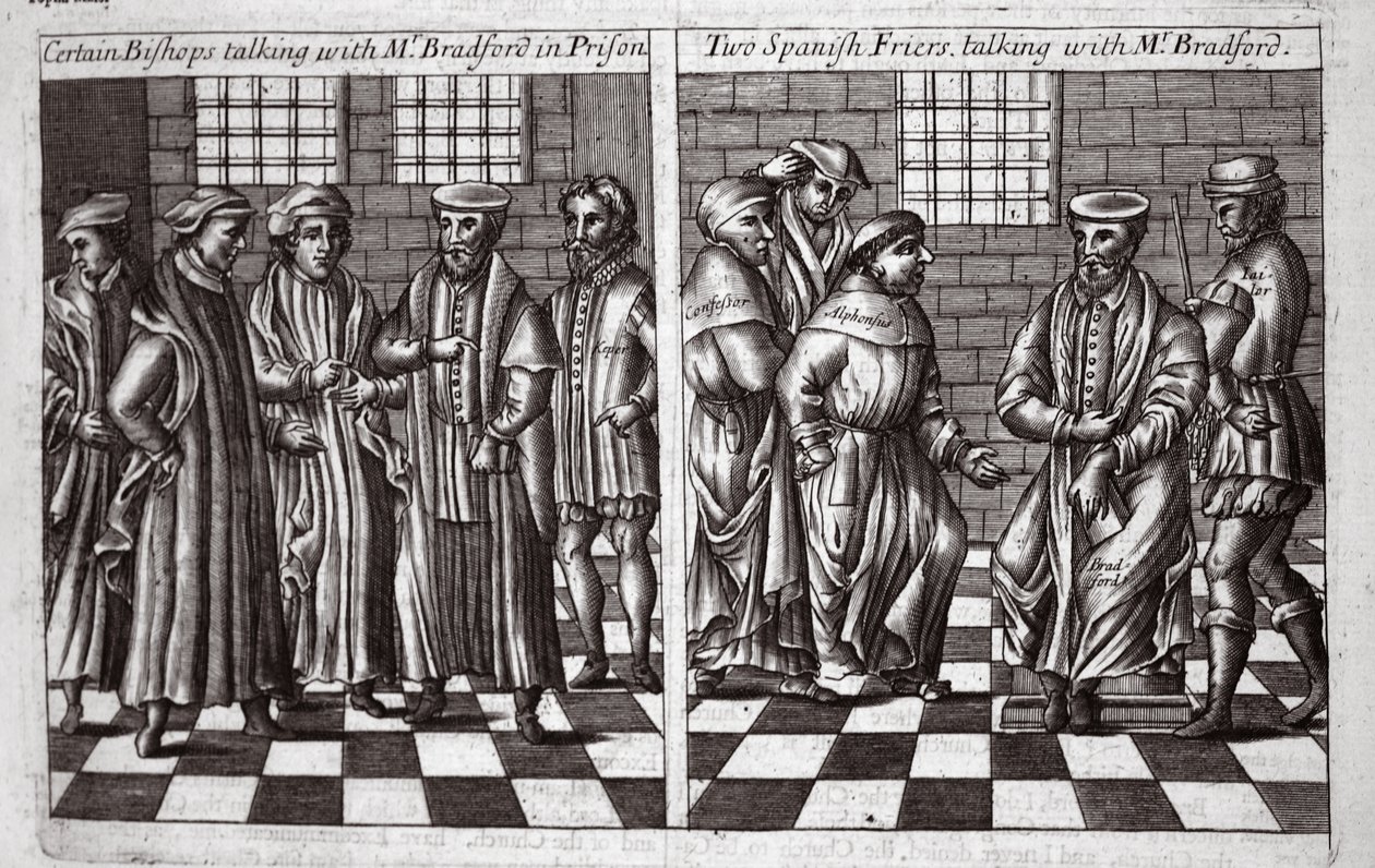 Visse biskoper snakker med Mr Bradford i fengsel, og Two Spanish Friers snakker med Mr Bradford, illustrasjon fra Acts and Monuments av John Foxe, niende utgave, pub. 1684 av English School