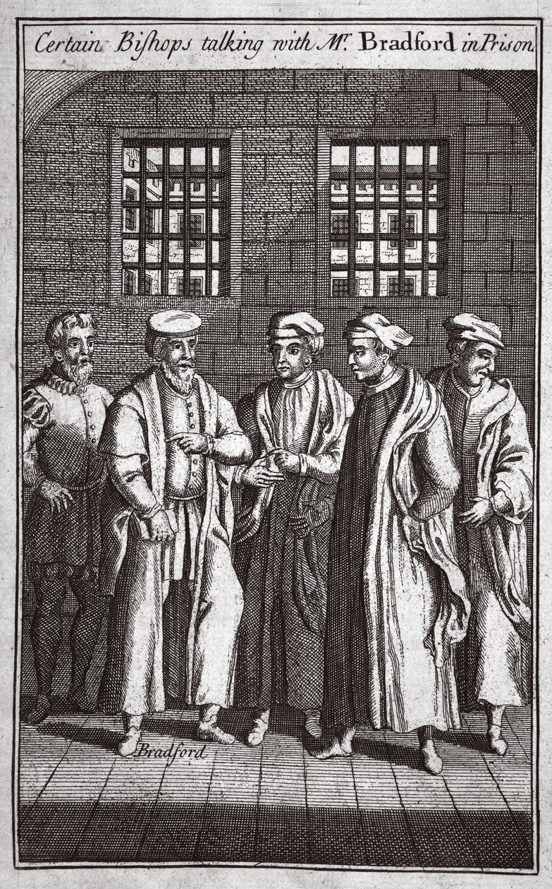 Enkelte biskoper snakker med Bradford i fengselet, illustrasjon fra Foxes Martyrs ca. 1703 av English School