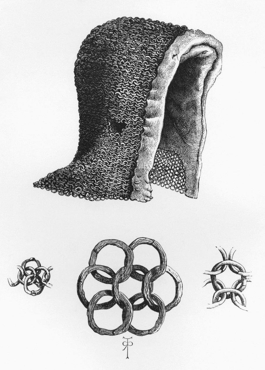 Ringbrynjehette og eksempel på sammenlåsende ringbrynje, c. AD 1120, fra The British Army: Its Origins, Progress and Equipment, utgitt 1868. av English School