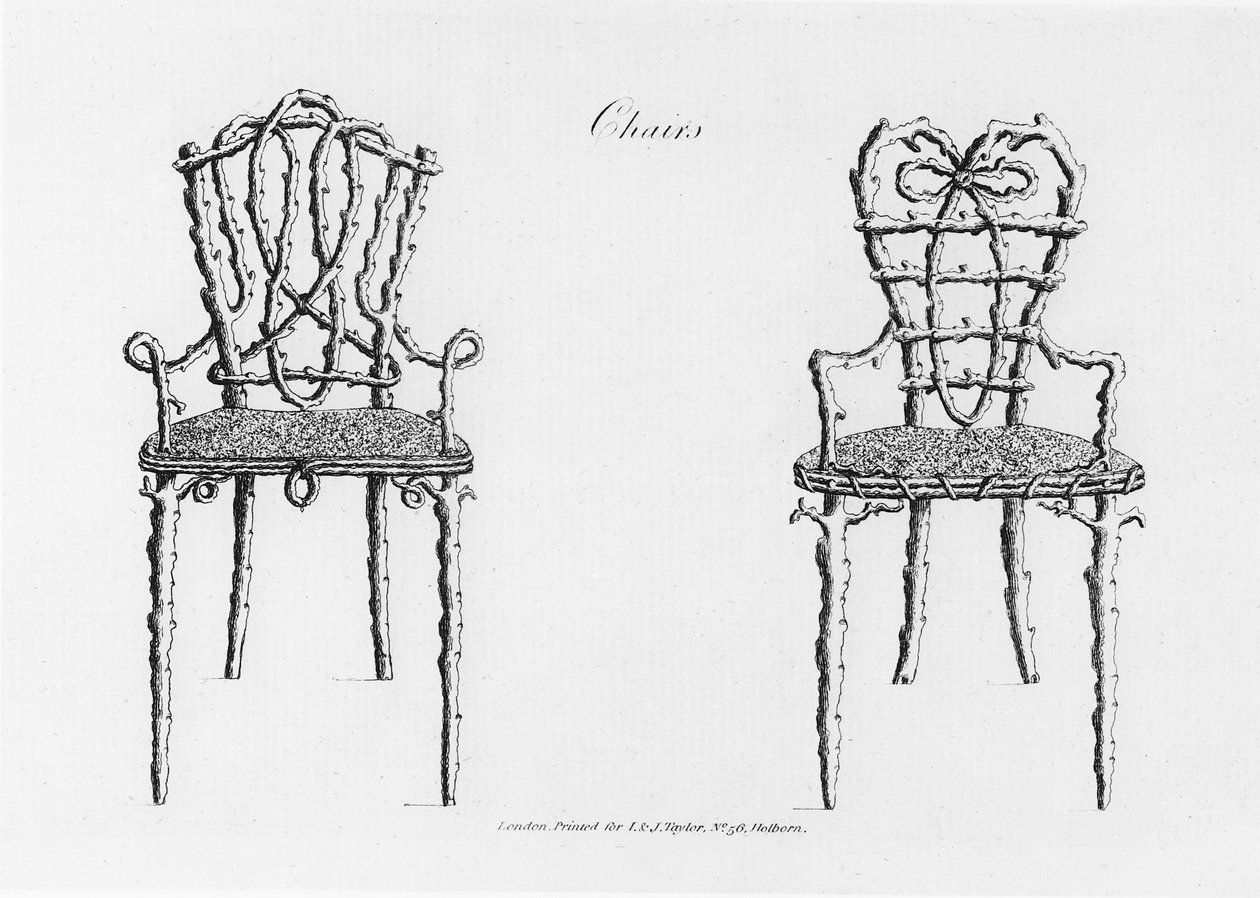 Stoler, fra Grotesque Architecture, eller Rural Amusement, av William Wrighte, utgitt 1768 av English School