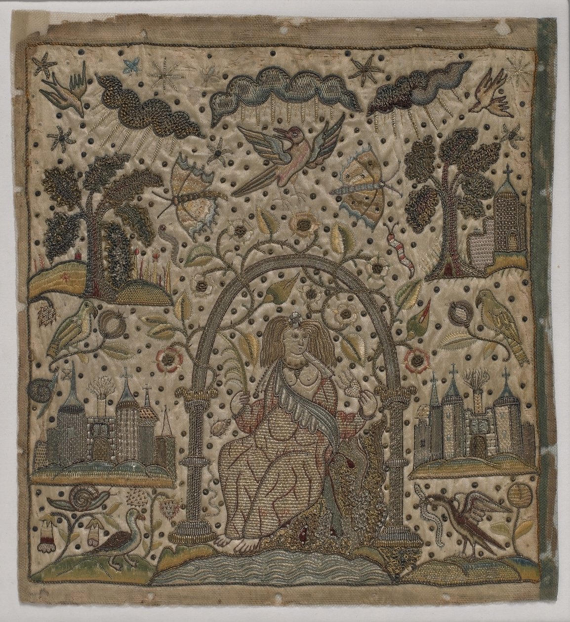 Veldedighet under en bue, ca. 1640 (silke, metalltråder og spangles på sateng) av English School