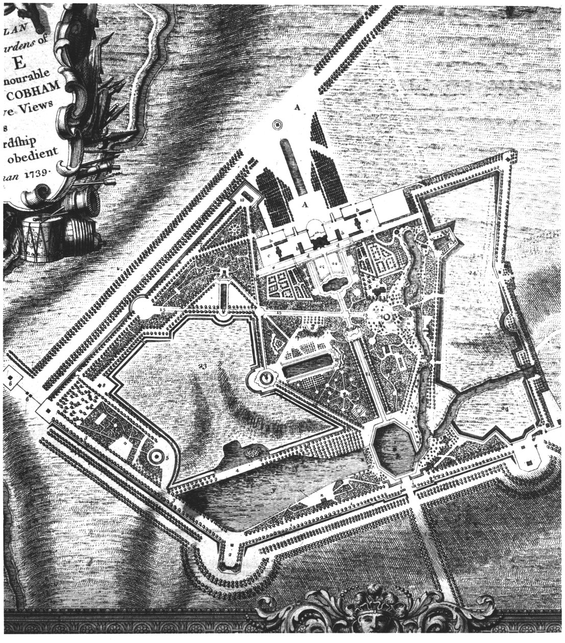 Charles Bridgemans (fl.1713-38) plan for Stowe Gardens, fra en bok om utsikt over Stowe utgitt av fru Charles Bridgeman i 1739 (se 140583 for William Kents senere plan) av English School