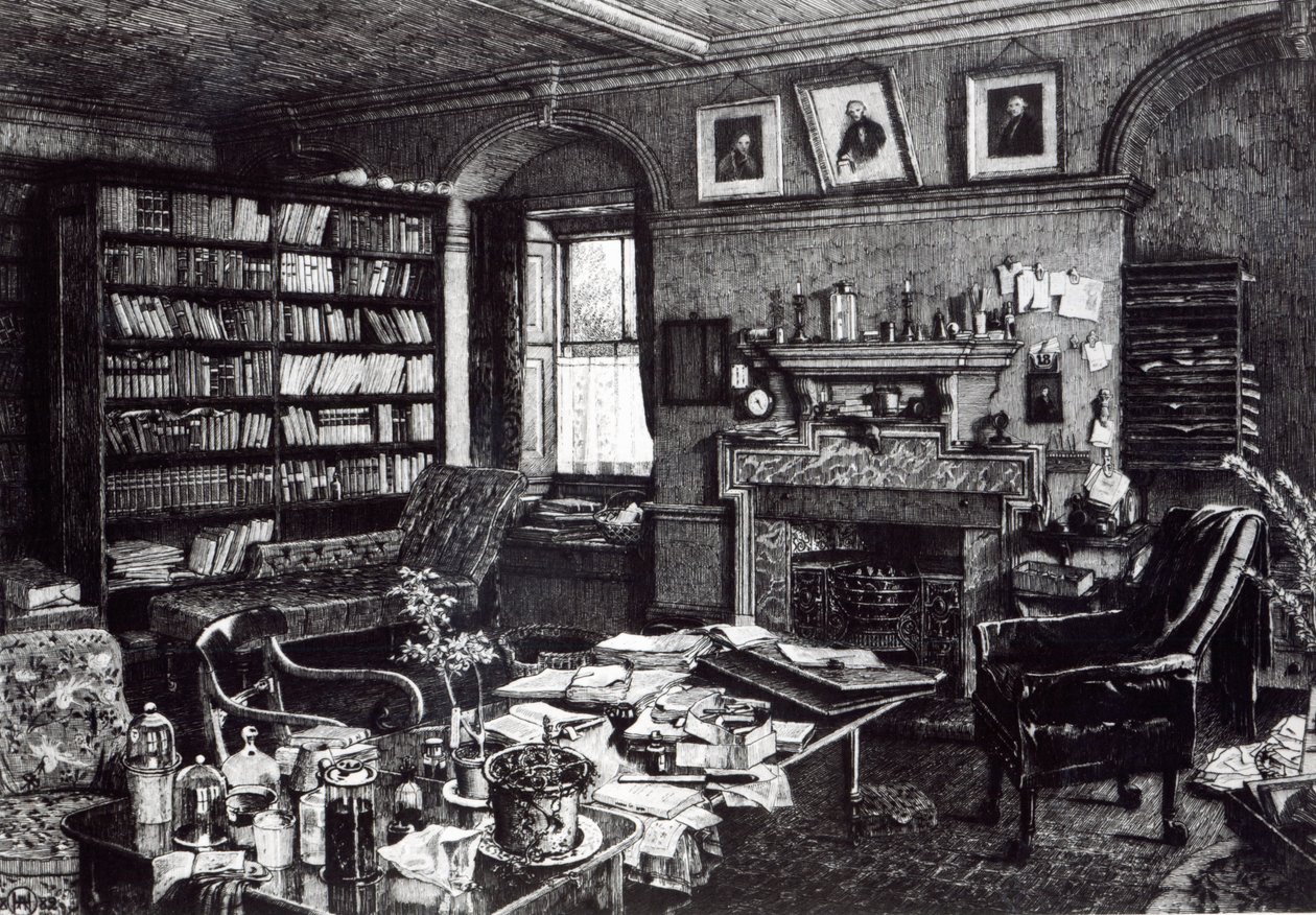 Charles Darwins studie ved Down House, 1882 av English School