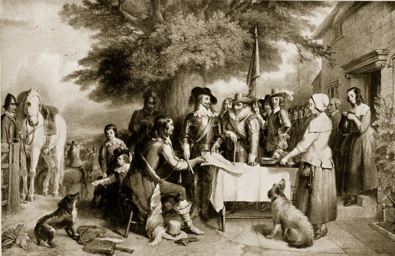 Charles I på tampen av slaget ved Edgehill, 22. oktober 1642, illustrasjon fra Hutchinsons Story of the British Nation, ca. 1923 av English School