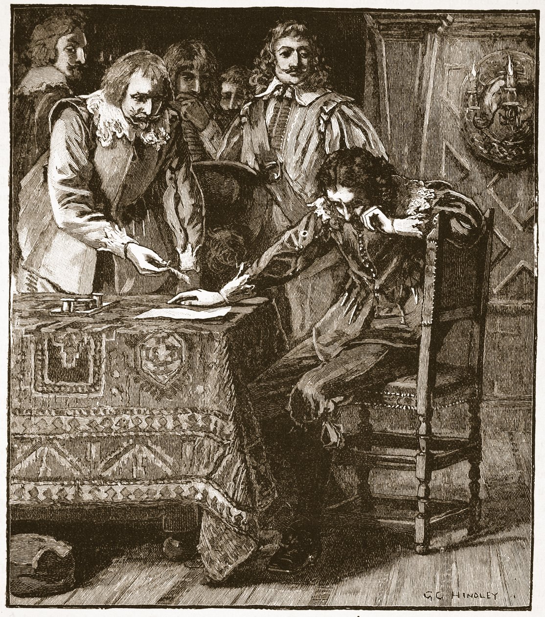 Charles signerer kommisjonen for samtykke til Straffords Attainder, illustrasjon fra Cassells Illustrated History of England (sepia-foto) av English School