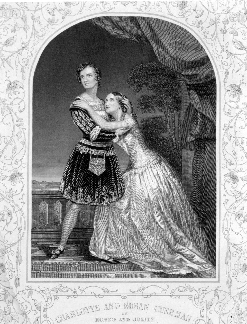 Charlotte og Susan Cushman som Romeo and Juliet, Act III Scene 5 av Romeo and Juliet, fra en daguerreotypi, pub. av John Tallis & Co. av English School