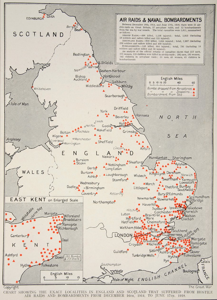 Kart som viser de nøyaktige lokalitetene i England og Skottland som led under fiendtlige luftangrep og bombardementer fra 16. desember 1914 til 17. juni 1918, 1918-19 av English School
