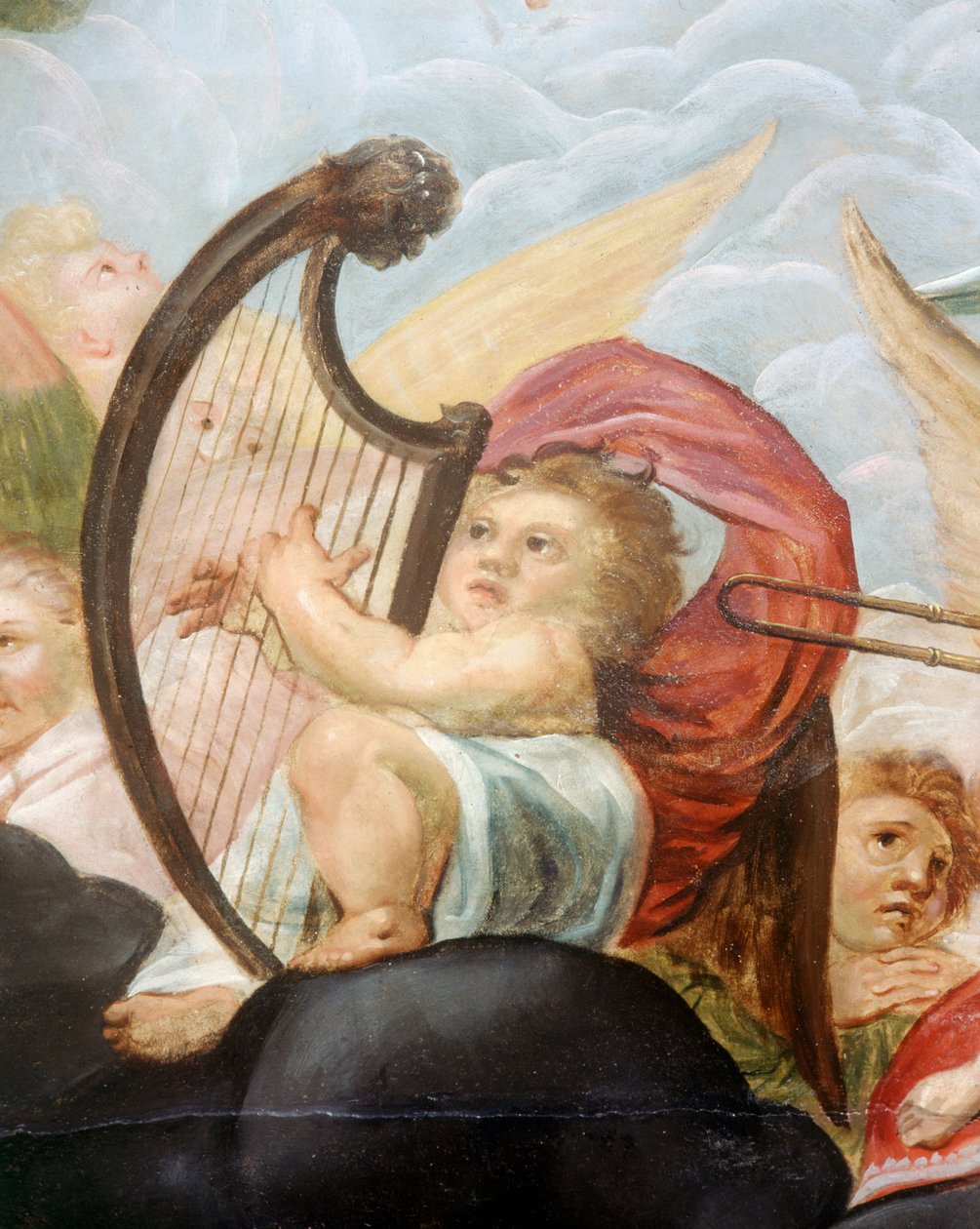 Kjerub spiller en harpe, detalj av takmaleriet i himmelrommet (olje på lerret) av English School