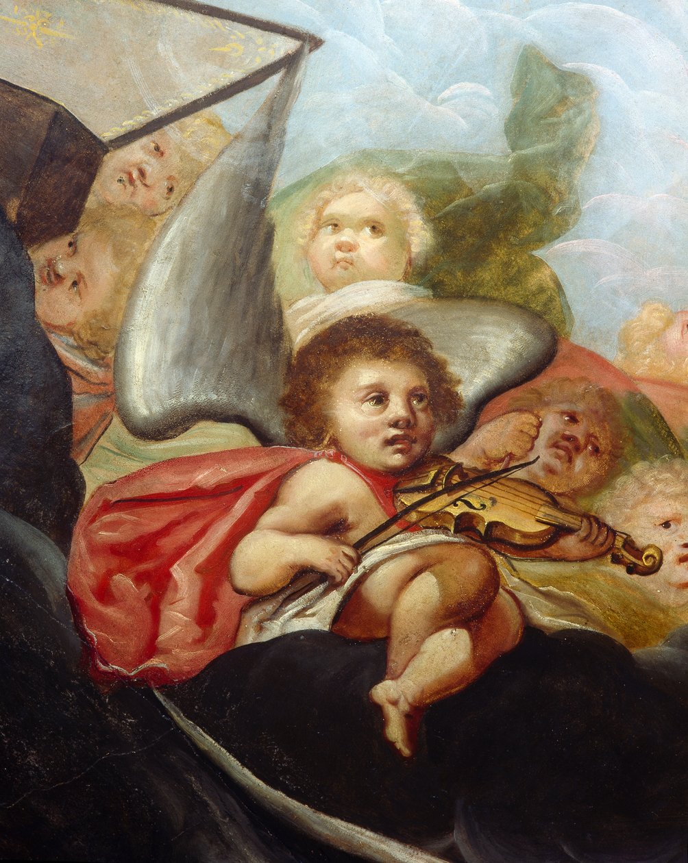 Kjerub spiller en fiol, detalj av takmaleriet i himmelrommet (olje på lerret) av English School